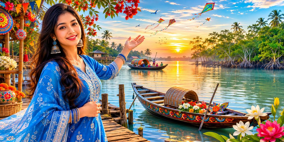 সুন্দরবনের পটভূমিতে সালোয়ার কামিজ পরা ব্যবহারকারীর মোবাইলে dhaka bet বিনোদন উপভোগের দৃশ্য